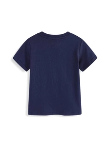 Plain navy blue boys short sleeve cotton knit T-shirt shown from the back view