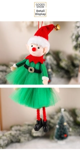 Detail of Christmas elf doll hanging decoration with felt hat and green mesh tutu skirt