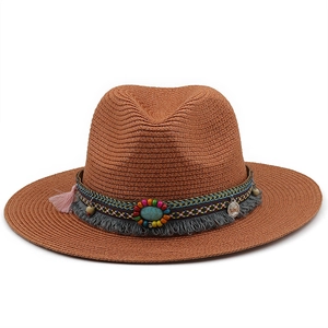 Unisex terracotta straw sun hat with bohemian beaded band and turquoise accent
