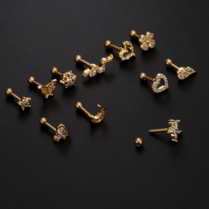 Lot de clous de cartilage en acier doré avec motifs cœur lune papillon et zircon
