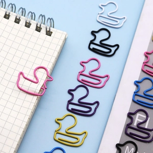 Duck-shaped colored paper clips made of coated metal wire for office and school use