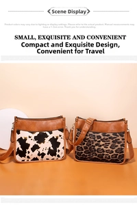 Detail of vintage brown leather crossbody bags with cow and leopard print fabric panels