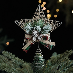 Silver iron Christmas tree topper star with rustic twine, pine cones and plaid bow detail