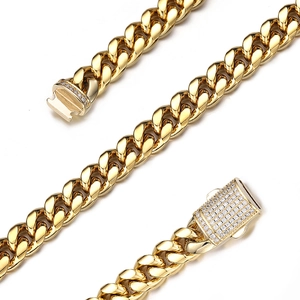 Detail of gold-plated Cuban link chain with luxury iced-out diamond box clasp