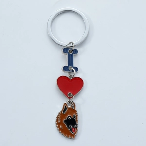 Metal keychain featuring blue letter I, red heart, and Belgian Shepherd dog pendant charm