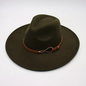 Detailed close-up of dark green felt fedora hat with brown leather belt buckle strap