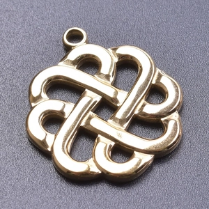 Macro shot of 18k gold vacuum plated stainless steel witch knot pendant charm