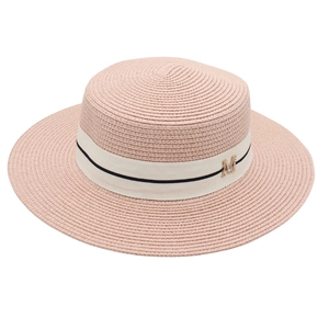 Pink straw bucket hat with black ribbon and golden M buckle for summer sun protection