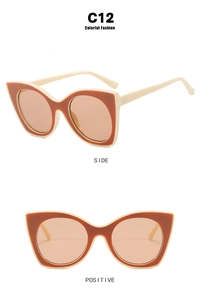 Detail view of cat eye frame C12 in two-tone orange and beige with light brown lenses