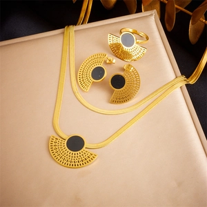 Stainless Steel Jewelry Gold Fan Shape Hollow Black Inlay Double Snake Chain Necklace Earrings Adjustable Ring Women