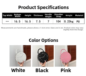 Infographic showing dimensions and PU material for the clock-shaped crossbody bag