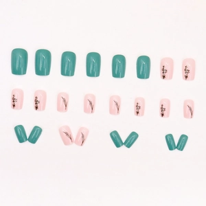 Kit de faux ongles rose et vert foncé avec motifs floraux de muguet élégants et chic