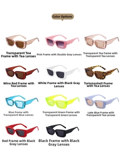 Grid display of rectangular sunglasses in eleven candy colors including pink and tortoiseshell