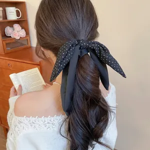 Korean style black polka dot chiffon bow hair tie with long streamers for women