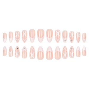 Faux ongles French avec rayures blanches croisées et strass sur base nude