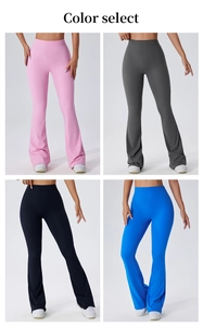 Détail du pantalon de yoga évasé taille haute en rose, anthracite, noir et bleu roi