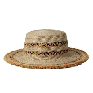 Cappello boater in rafia boho con nastro colorato e tesa sfilacciata per l'estate