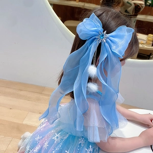 Blue organza bow hair clip with snowflake center and fluffy pompom tassels for girls