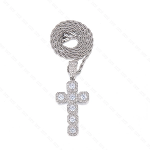 Silver cross pendant necklace with micro-pave cubic zirconia on a twist rope chain