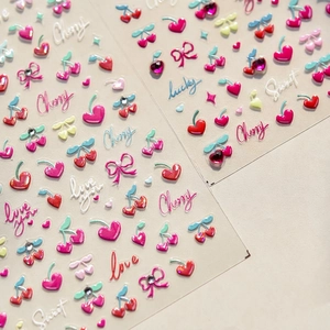 3D cherry and bow nail art stickers with crystal accents and mint green details
