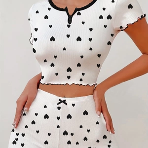 Women Pajama Top And Shorts Ribbed Knit Heart Print Short Sleeve Loungewear Lettuce Edge Trim Sweet Sleepwear