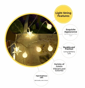 Close-up of LED star and globe string lights with warm white glow for festive decoration