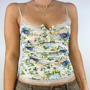 Vintage floral camisole with lace trim and buttons on a slim fit bodice for women
