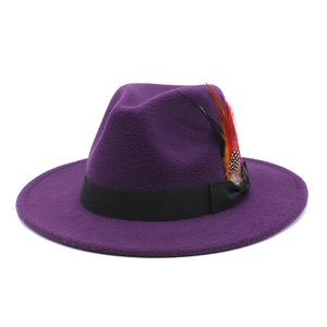 Close-up of purple wool felt fedora featuring black ribbon and vibrant decorative feathers