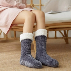 Winter fuzzy floor socks with white plush trim and knit finish for cozy home wear