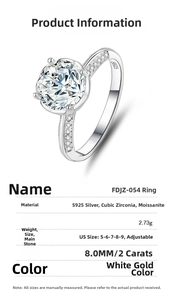 Detailed specs of 2ct Moissanite ring with S925 silver and classic six-prong setting
