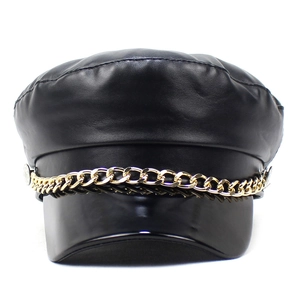 Fashionable black PU leather baker boy hat for women with a gold chain and side buttons