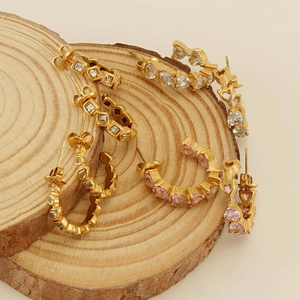 Set of three 18k gold plated stainless steel hoop earrings with heart and square gems