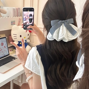Sweet large bow hair clip with white lace trim and blue-grey ribbon for women hairstyle