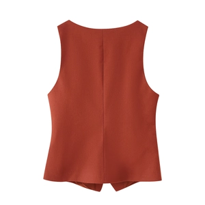 Rear view of reddish-brown sleeveless vest showing tailored seams and premium suit fabric