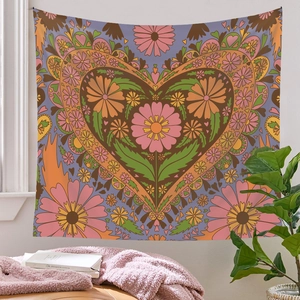 Retro Bohemian Wall Tapestry Heart Flower Print Polyester Hanging Cloth For Bedroom Living Room Decor 70s Hippie Style