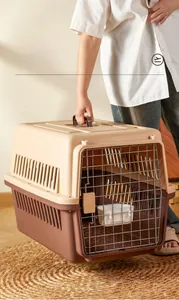 Detail view of portable pet carrier air box with metal mesh door and ergonomic handle