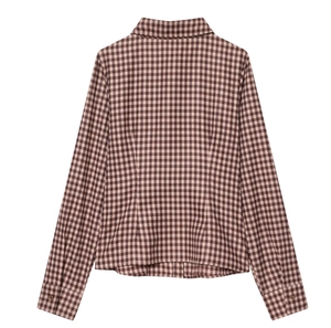 Rear view detail of slim fit plaid shirt with brown and beige checkered pattern
