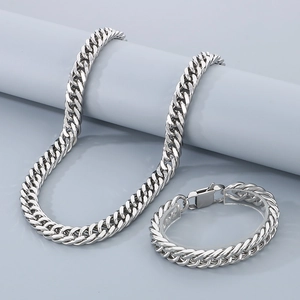 Detail of silver stainless steel Cuban chain necklace and bracelet with polished finish