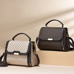 Fashionable diamond grid pattern leather handbags in beige and brown with golden hardware