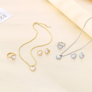 Heart Jewelry Necklace Earrings Ring Stainless Steel Shell Inlaid Rhinestone Twisted Chain Fashion Elegant Women