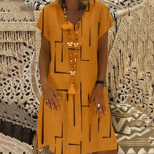 Boho mustard yellow V-neck cotton linen dress with geometric line print for women