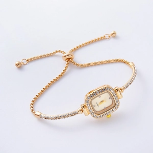 Elegant gold square watch for women with rhinestone bezel and adjustable bracelet strap