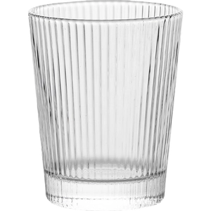 Vertical ribbed transparent glass coffee cup with thick base on white background