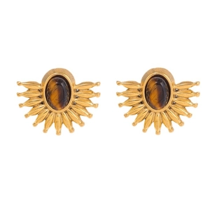 Retro gold stainless steel stud earrings with sunburst design and brown tiger eye stone