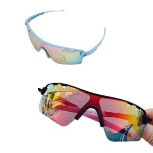 Kids sports cycling sunglasses with blue and black frames and colorful mirrored lenses