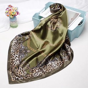 Vintage leopard print and gold chain pattern satin silk square scarf in olive green