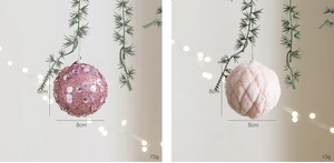 Detail of 8cm pink foam Christmas balls with sequins and plush faux fur textures