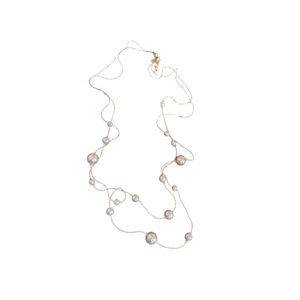 Elegant double-layered silver pearl long necklace with delicate gold metal chains