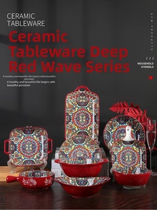 Detailed close-up of Bohemian deep red ceramic tableware set with floral patterns