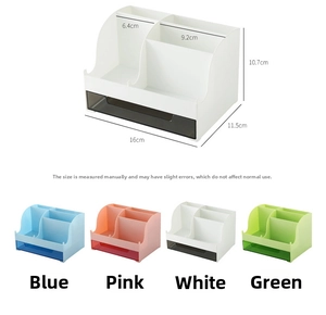 Detailed size chart and four-color options for plastic desk storage boxes with drawers